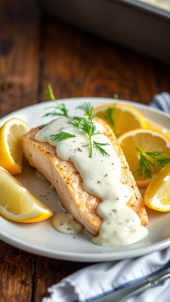 Baked mahi mahi with creamy dill sauce on a plate, garnished with fresh dill and lemon wedges.
